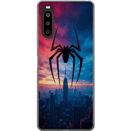 Yhteensopiva Puhelinkuori Sony Sony Xperia 10 II Tyylikäs hämähäkki kaupungin horisontin yläpuolella dramaattisessa auringonlaskussa, graafinen f