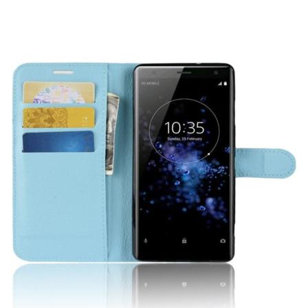 Sony Xperia XZ3 mobilfodral konstläder silikon stående litchi plånbok – Blå Blå
