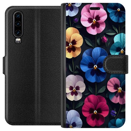 Kompatibelt Lommeboketui til Huawei P30 Dekorativt blomstermønster med fargerike pensélignende blomster og mørk elegant bakgrunn
