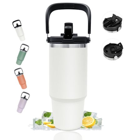 Isolert vannflaske med håndtak + sugerør to-i-ett lokk, rustfritt stål lekkasjesikkert kaffekopp, reisekopp, varm og kald drikkekopp