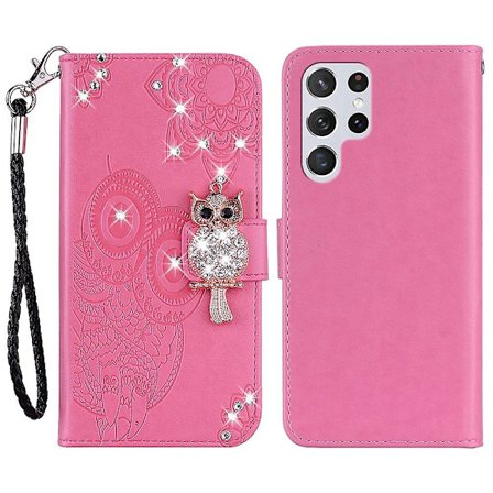 Til Samsung Galaxy S24 Ultra Wallet Case Ugle Blomst Trykt Rhinestone Læder Cover - Rød {db}