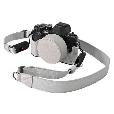 Olympus OM-D E-M10 Mark IV -kameralle nahkainen puolikotelo objektiivin suojuksella, olkahihnalla - G