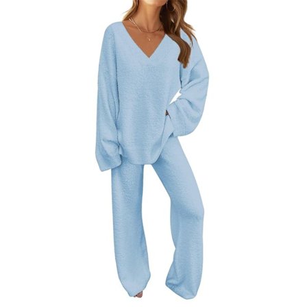 Dam 2-delat Set Mjuk Fleece Pyjamas Set Långärmad Loungewear Blå