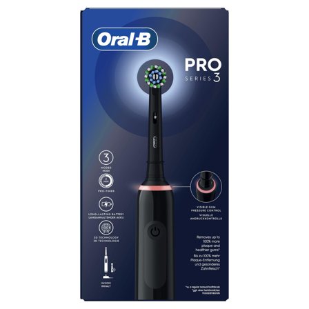 Oral-B Pro 3 3000 Elektrisk Tannbørste (sort) 3D børsteteknologi, 360° visuell trykkontroll, oppladbar, timer, 2 børstehoder