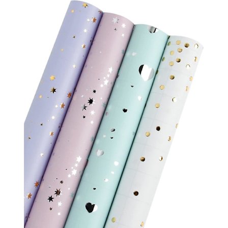 Gavepapirrulle Hjerter/prikker/stjerner 2 slags design til fødselsdag