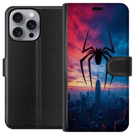 Yhteensopiva Lompakkokotelo Apple Apple iPhone 16 Pro Max Tyylikäs hämähäkki kaupungin horisontin yläpuolella dramaattisessa auringonlaskussa, gr