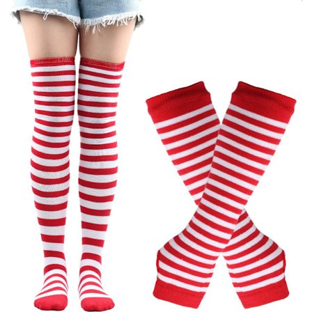 Arm sleeves + damestrømper - stribede knæstrømper (røde og hvide striber)