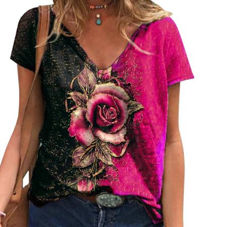 Summer Rose Print Kortärmad Lös T-shirt Dam Casual V-nec
