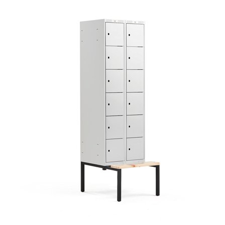 Kleiderspind CLASSIC mit Sitzbank, 2 Module/6 Türen, 2120 x 600 x 550 mm, grau
