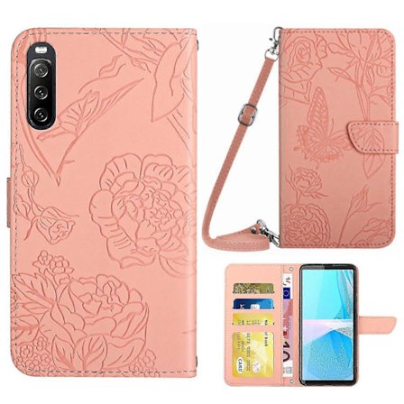 För Sony Xperia 10 Iv Skin-Feel Fjärilspräglat Läderfodral (Axelrem) Blå