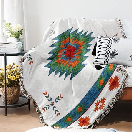 Lounainen atsteekkien viltti pompomeilla Kodikas kääntyvä peitto Native Southwest -kuvio Monikäyttöinen viltti sohvalle, tuolille, sohvalle, 
