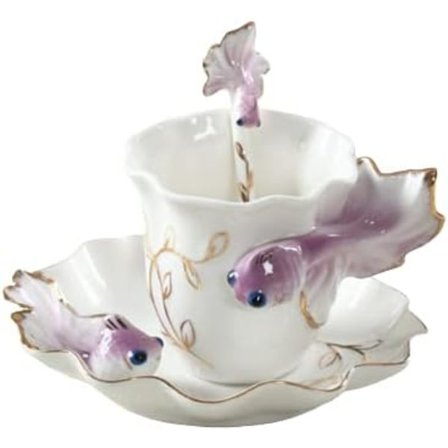 Keramisk tekopp, 3D gullfisk kaffekoppsett, håndlaget porselen emalje gullfisk kaffekopp med skål og skje sett porselenstekopp