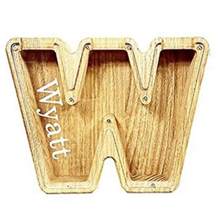 Sparebøsse i tre med monogram, stor bokstav, sparebank med initialer, bursdagsgave til barn A-z