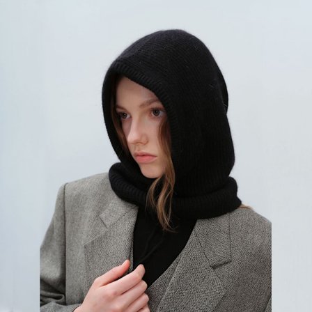 Dame Vinterhatte Piger Varm Hætte Halstørklæde Hat Skull Hat Balaclava Strikket Hue Hat med Justerbar Snøre Sort 40*23CM