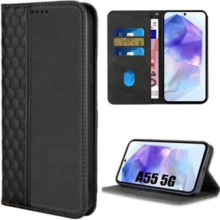 Etui til Samsung Galaxy A55 5G - Sort - Stødsikker magnetisk PU-læder og TPU med kortholder, 3D-diamantmønster Svart