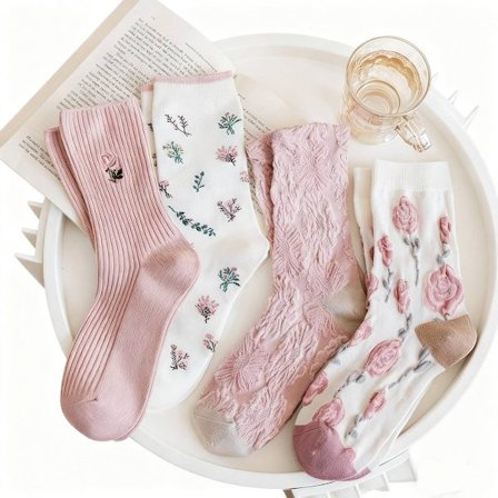 Dammsokker for kvinner, 4 par rosa vintersokker med duftende mokka vintage broderi
