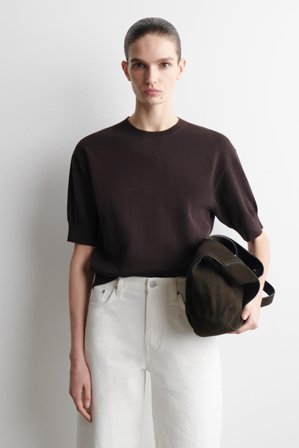 COS Women's Knitted Cotton T-Shirt in Brown