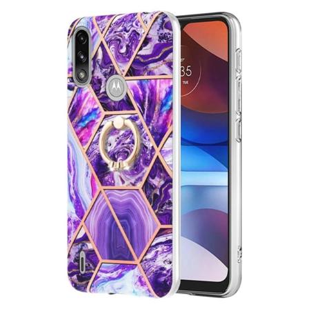 Marble Mønstret Cover med Ring Holder til Motorola E7i Power / E7 Power - Mørklilla Purple