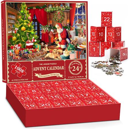Jigsaw-palapeli Adventskalenteri 2024 - 1008-osainen palapeli aikuisille ja lapsille, 24 päivän laskuri, Joulupukin yllätys