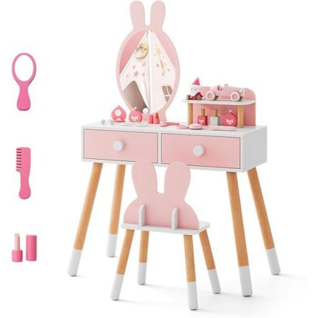 COSTWAY sminkbord för barn med kaninstol och spegel, sminkbord och hylla med 2 lådor, rosa trä