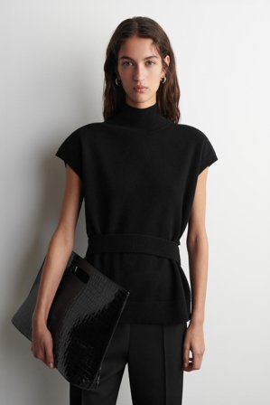 COS Women's Belt-Detail Funnel-Neck Wool Vest in Black
