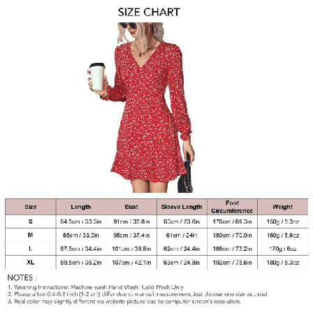 Kvinners kjole med blomstermønster, V-hals, lange lanterneermer, volangkant, høy midje, casual kjole for dame, rød, S