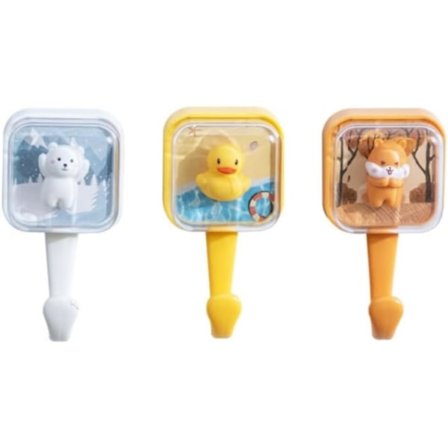 3 stk. Søte selvklebende kroker, Dyre-sprett, Fjær-ristende and, isbjørn, ekorn, Uten spiker, Vanntett