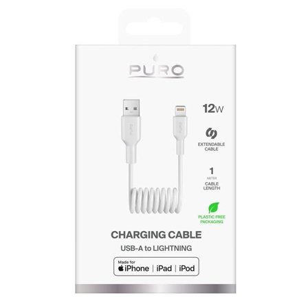 Puro 12W USB-A - Lightning-spiralkabel 1 m - hvit
