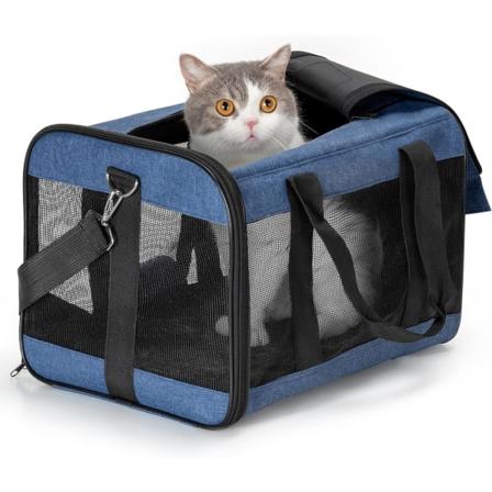 Bæreveske for katt/hund for katter, små hunder, kattunger eller valper, myk og sammenleggbar med ullmatte, blå