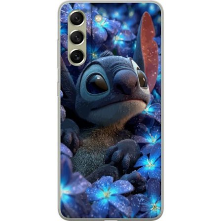 Kompatibel Mobilcover til Samsung Samsung Galaxy S21 FE 5G Stitch i en blå blomsterbed med bløde farver og drømmende Disney-følelse, hvor Stitch s