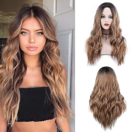 TG Lange bølgede syntetiske parykker i midten Naturligt hår Parykker til kvinder Cosplay parykker Varmebestandig fiber (