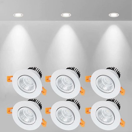 6 x LED Infällda Spotlights, 5W COB, Kallvit 6000K, IP44 (Vit) (Öppning: 75mm)