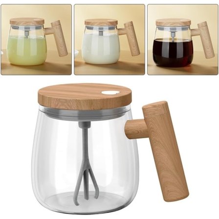 Selv-omrørende krus med låg, 400 ml elektrisk blandekopp, selv-omrørende kaffekrus, selv-omrørende borosilikatglaskop