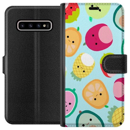 Kompatibelt Lommeboketui til Samsung Galaxy S10+ Mønster av kawaii-frukter som jordbær sitron ananas og avocado på lyseblå bakgrunn
