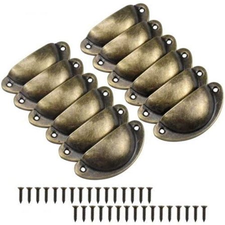 Sett med 12 vintage skjellformede metallhalvmåne skuffhåndtak