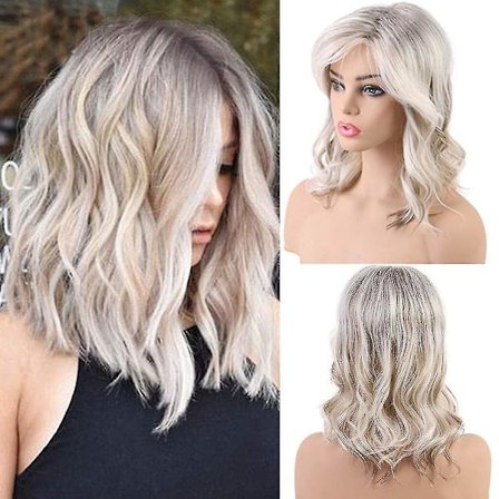 Lång blond peruk av äkta hår för kvinnor, naturlig hårblandning med frisk Kanekalon-fiber, lockig peruk med slingor, för dagligt bruk/lätt/andningsbar