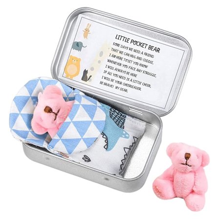 Mini utstoppede bamse i en tinn lommebamse for anti-angst stress bekymring, små utstoppede bittesmå bamser i en eske med kort og tepper for babyshower