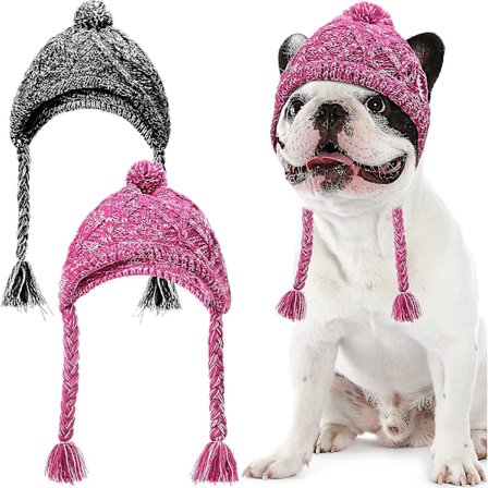 Vinterhundmössa,varm Pet Pompom Stickad Mössa Varm Pet Stickad Snood Huvudbonad med öronhål För medelstora hundar Fransk Bulldog
