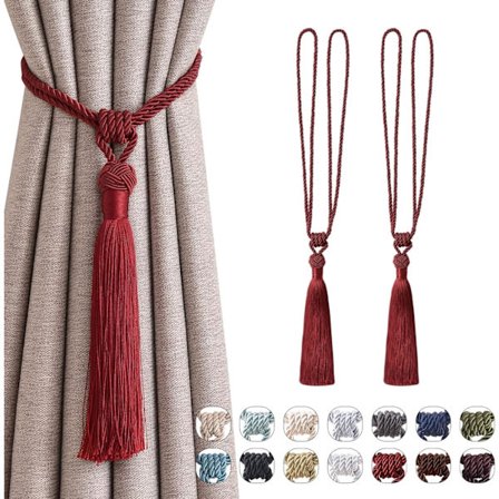 2 Pakk Lange Duskknuter Gardin Holdbacks Håndlaget Flettet Tau Knute Draperi Holdbacks Dekorative Gardin Holdbacks for Hjem & Kontor Vindu (Rød)