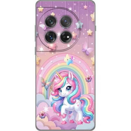 Kompatibel Mobilcover til OnePlus 12 Magisk enhjørning med regnbue manke, stjerner og sommerfugle mod en pastelfarvet himmel med skyer