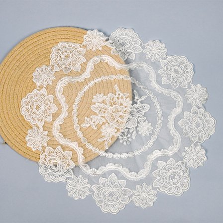Broderad bordsduk i mjölksilke, broderad spetsunderlägg, bordstablett, cirkelformad dekoration, fotorekvisita