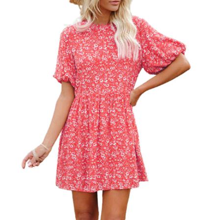 Spring Digital Printed Lantern Sleeve Kort Lös Casual Small