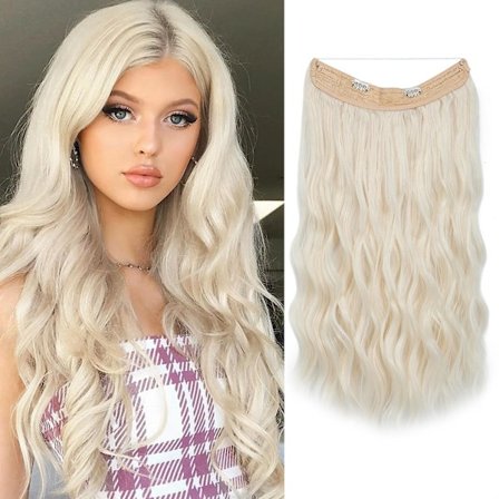 Halo Hair Extensions Osynlig tråd Vågigt lockigt långa syntetiska hårstycken för kvinnor Justerbart pannband Color60 24 inch