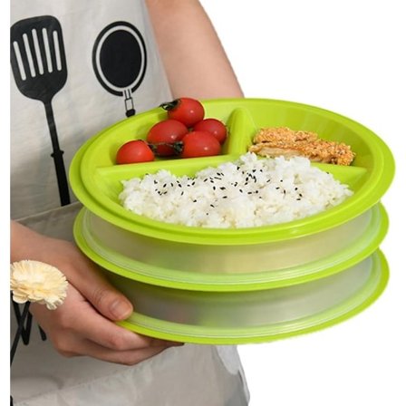 Set med 3 mikrovågsugnstallrikar med lock - BPA-fria och återanvändbara - lämpliga för mikrovågsugn och frys.