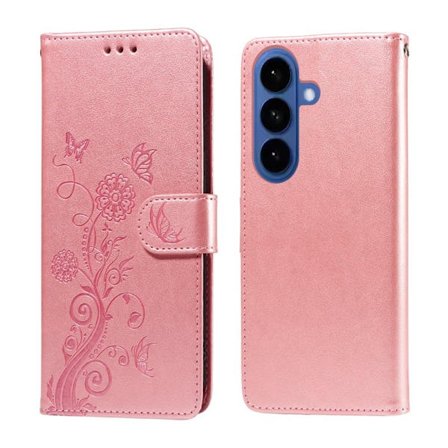 Samsung Galaxy S26 Plus Plånboksfodral Konstläder Fjäril Blommönster - Rosa