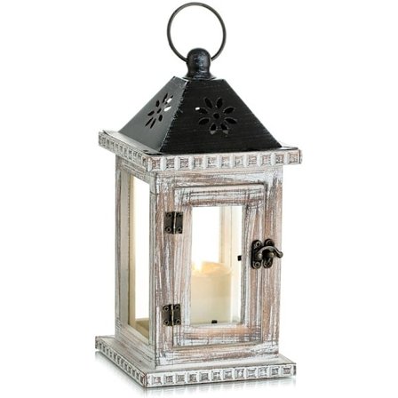 Utendørs telykt i tre, 28 cm dekorativ lykt, vintage lysestake, bord hjem hagedekorasjon, hvit
