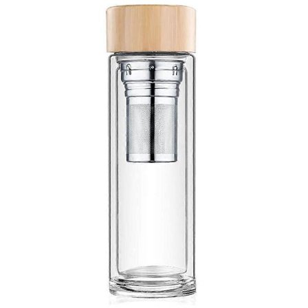 PIAO Te-flaska med sil 450 ml, dubbelväggig tebryggare i glas, isolerad, teflaska, tevattenflaska, termosflaska i glas, te