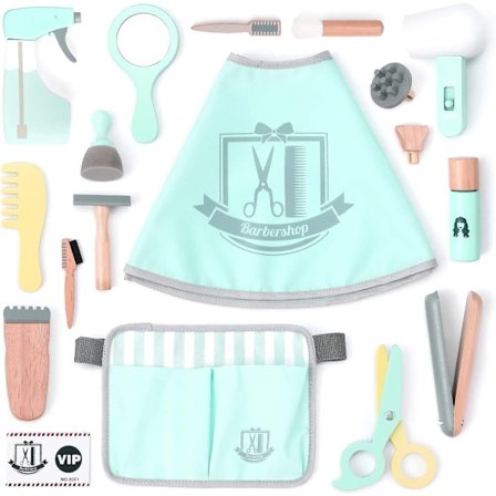 Frisørsæt i træ til børn – 18 dele frisørtaske med kappe, saks, glattejern og spejl til børn 3-5 år_OF