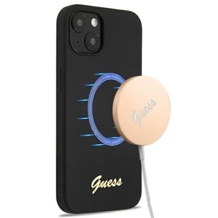 Guess iPhone 13 Skal Magsafe Silicone Script Guld Logo - Svart