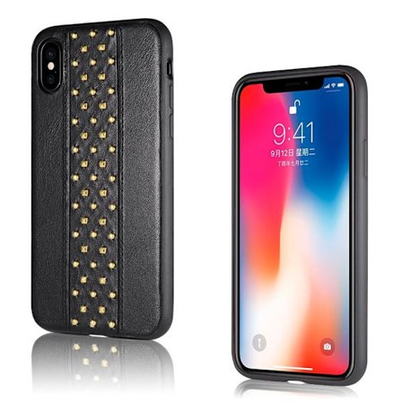 SULADA iPhone X mobilskal metall syntetläder silikon nitar - Svart